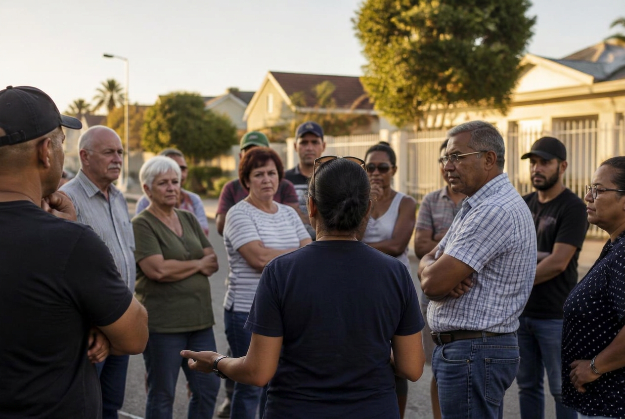 Neighbours meeting together in a suburban street
